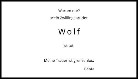 Anzeige von Wolf  von Kölner Stadt-Anzeiger / Kölnische Rundschau / Express