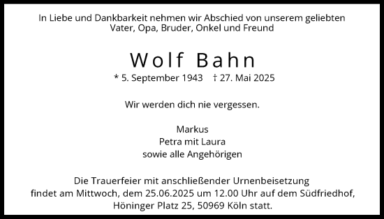 Anzeige von Wolf Bahn von Kölner Stadt-Anzeiger / Kölnische Rundschau / Express