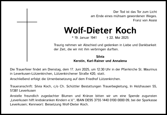Anzeige von Wolf-Dieter Koch von Kölner Stadt-Anzeiger / Kölnische Rundschau / Express