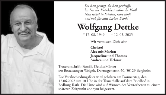 Anzeige von Wolfgang Dettke von  Werbepost 