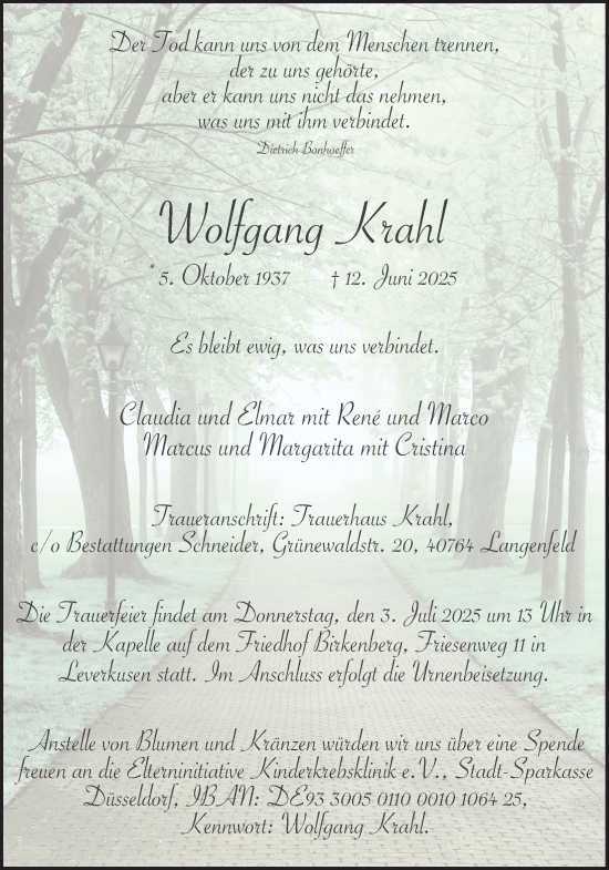Anzeige von Wolfgang Krahl von Kölner Stadt-Anzeiger / Kölnische Rundschau / Express