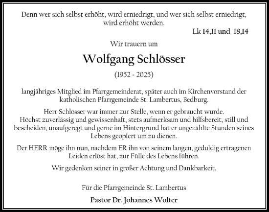 Anzeige von Wolfgang Schlösser von  Werbepost 