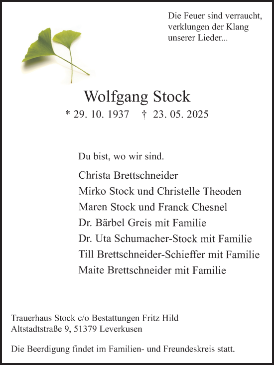Anzeige von Wolfgang Stock von Kölner Stadt-Anzeiger / Kölnische Rundschau / Express