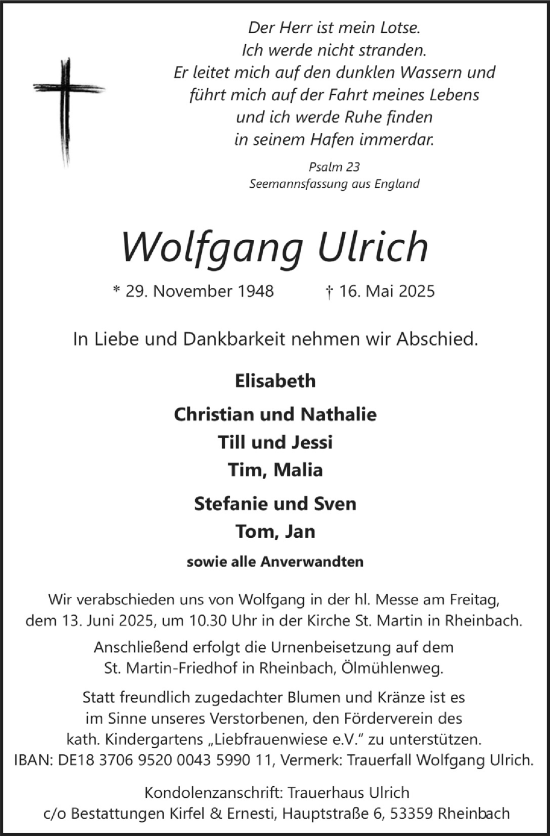 Anzeige von Wolfgang Ulrich von  Schaufenster/Blickpunkt 