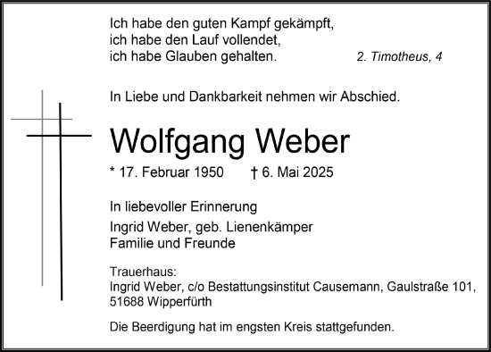 Anzeige von Wolfgang Weber von  Anzeigen Echo 