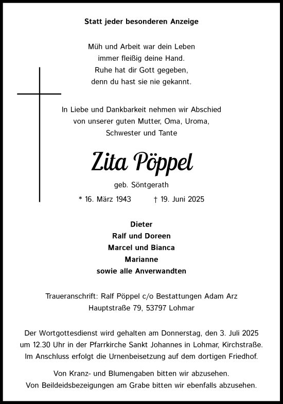 Anzeige von Zita Pöppel von Kölner Stadt-Anzeiger / Kölnische Rundschau / Express
