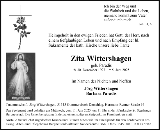 Anzeige von Zita Wittershagen von Kölner Stadt-Anzeiger / Kölnische Rundschau / Express
