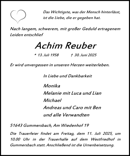 Anzeige von Achim Reuber von  Anzeigen Echo 
