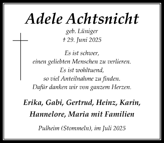 Anzeige von Adele Achtsnicht von  Wochenende 