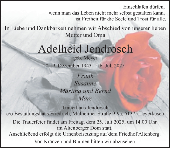 Anzeige von Adelheid Jendrosch von  Bergisches Handelsblatt 