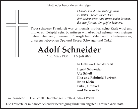 Anzeige von Adolf Schneider von  Anzeigen Echo 