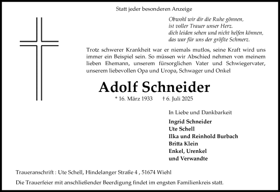 Anzeige von Adolf Schneider von Kölner Stadt-Anzeiger / Kölnische Rundschau / Express