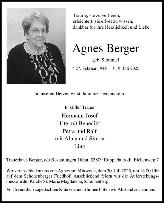 Anzeige von Agnes Berger von Kölner Stadt-Anzeiger / Kölnische Rundschau / Express