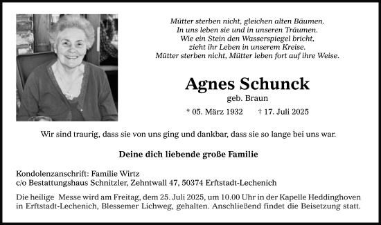 Anzeige von Agnes Schunck von Kölner Stadt-Anzeiger / Kölnische Rundschau / Express