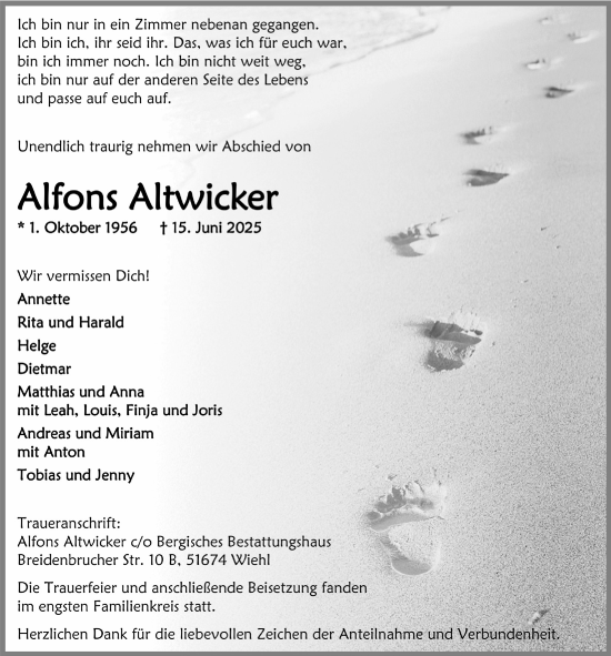 Anzeige von Alfons Altwicker von  Lokalanzeiger 