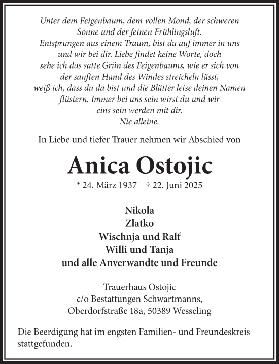 Anzeige von Anica Ostojic von  Schlossbote/Werbekurier 
