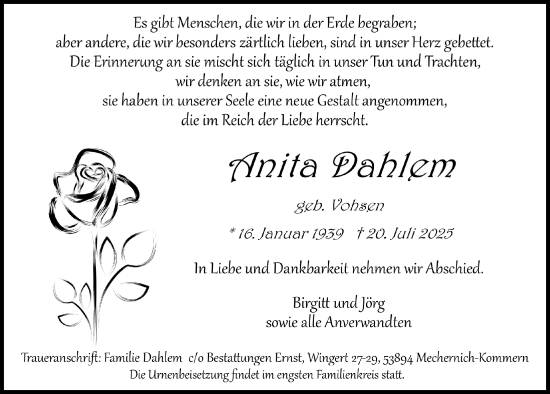 Anzeige von Anita Dahlem von  Blickpunkt Euskirchen 