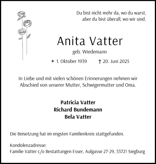 Anzeige von Anita Vatter von Kölner Stadt-Anzeiger / Kölnische Rundschau / Express