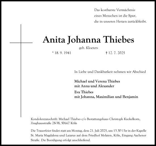 Anzeige von Anita Johanna Thiebes von Kölner Stadt-Anzeiger / Kölnische Rundschau / Express