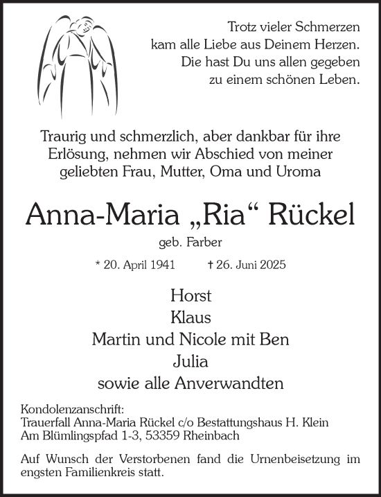 Anzeige von Anna-Maria Rückel von  Schaufenster/Blickpunkt 