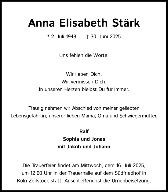 Anzeige von Anna Elisabeth Stärk von Kölner Stadt-Anzeiger / Kölnische Rundschau / Express