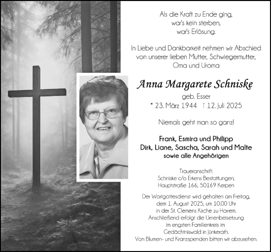 Anzeige von Anna Margarete Schniske von  Wochenende 