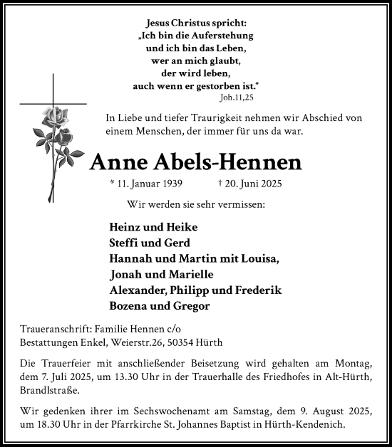 Anzeige von Anne Abels-Hennen von Kölner Stadt-Anzeiger / Kölnische Rundschau / Express