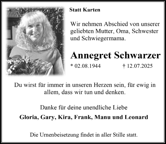 Anzeige von Annegret Schwarzer von  Wochenende 