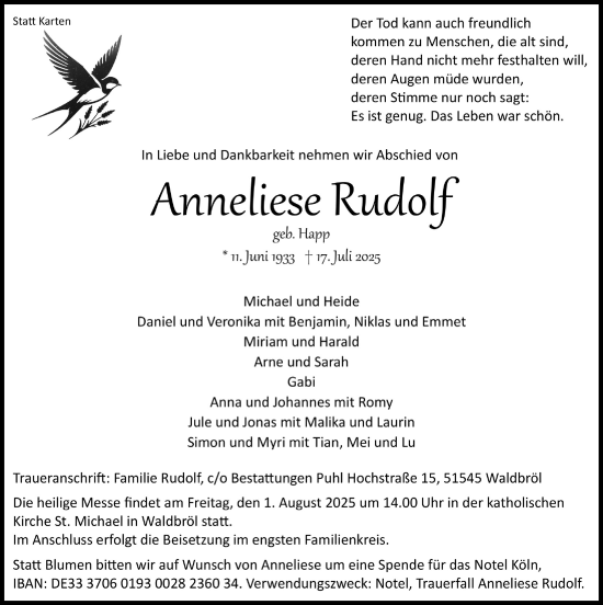 Anzeige von Anneliese Rudolf von  Lokalanzeiger 