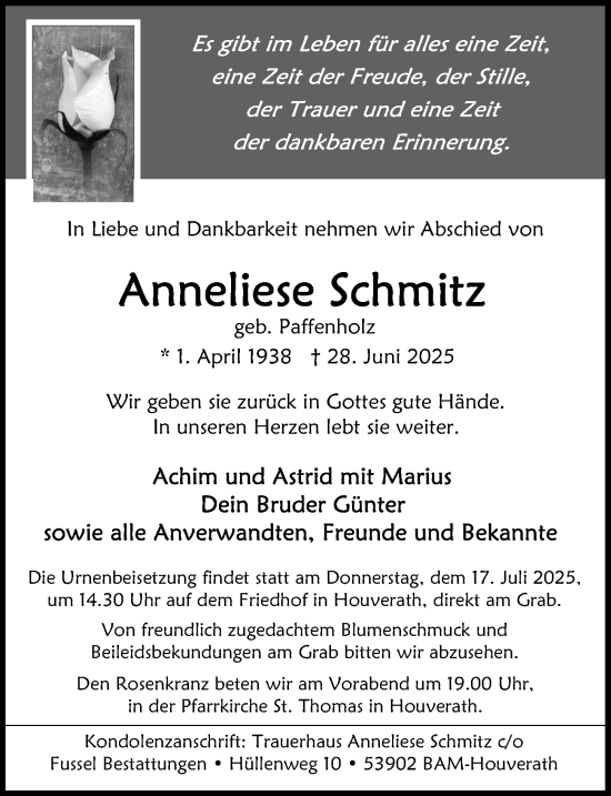 Anzeige von Anneliese Schmitz von  Blickpunkt Euskirchen 