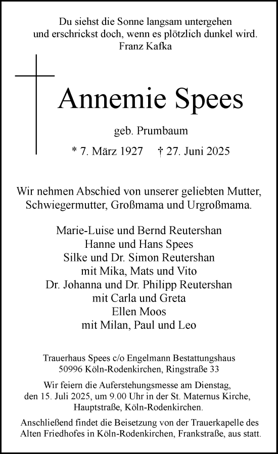 Anzeige von Annemie Spees von  Wochenende 