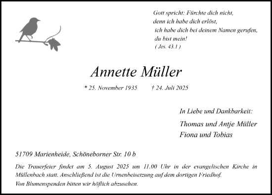 Anzeige von Annette Müller von  Anzeigen Echo 