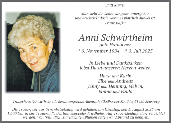 Anzeige von Anni Schwirtheim von  Bergisches Handelsblatt 