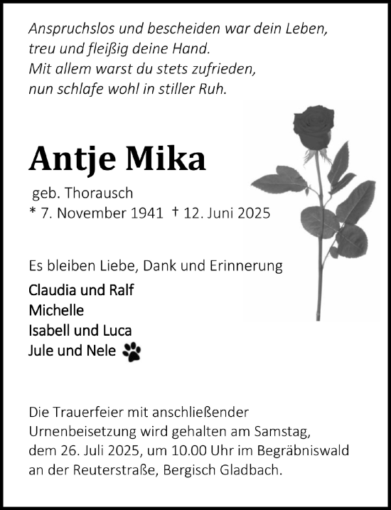 Anzeige von Antje Mika von  Bergisches Handelsblatt 
