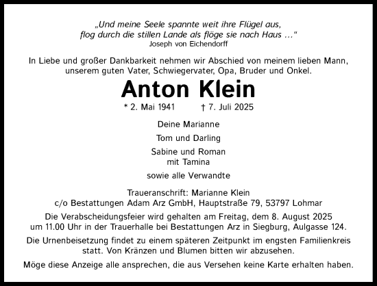 Anzeige von Anton Klein von Kölner Stadt-Anzeiger / Kölnische Rundschau / Express