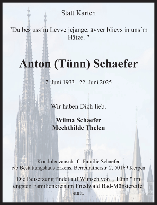 Anzeige von Anton Schaefer von  Blickpunkt Euskirchen 