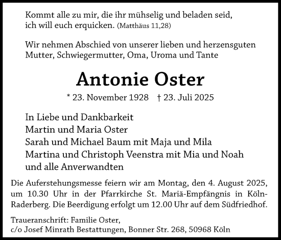 Anzeige von Antonie Oster von Kölner Stadt-Anzeiger / Kölnische Rundschau / Express