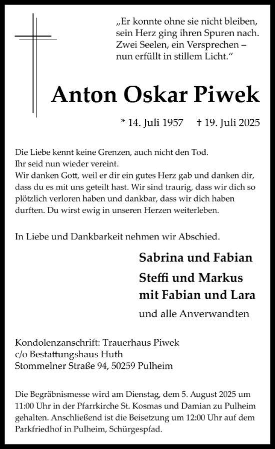 Anzeige von Anton Oskar Piwek von  Wochenende 