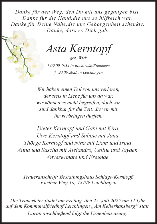 Anzeige von Asta Kerntopf von Kölner Stadt-Anzeiger / Kölnische Rundschau / Express