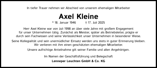 Anzeige von Axel Kleine von Kölner Stadt-Anzeiger / Kölnische Rundschau / Express