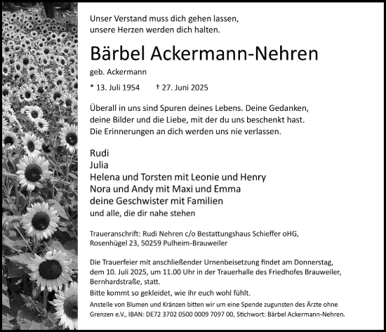Anzeige von Bärbel Ackermann-Nehren von  Wochenende 