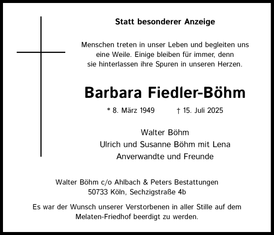 Anzeige von Barbara Fiedler-Böhm von Kölner Stadt-Anzeiger / Kölnische Rundschau / Express