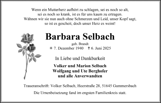 Anzeige von Barbara Selbach von  Anzeigen Echo 