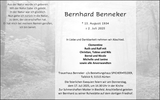 Anzeige von Bernhard Benneker von Kölner Stadt-Anzeiger / Kölnische Rundschau / Express