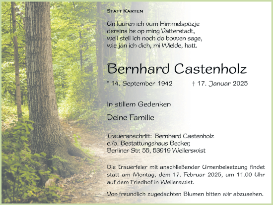 Anzeige von Bernhard Castenholz von  Blickpunkt Euskirchen 