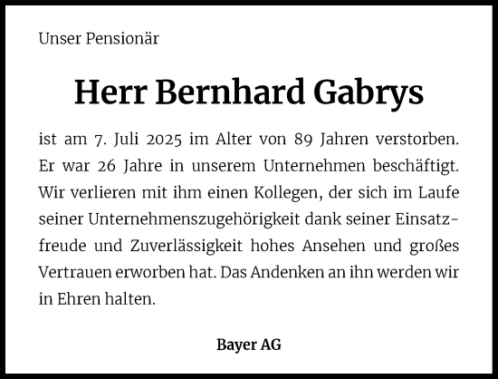 Anzeige von Bernhard Gabrys von Kölner Stadt-Anzeiger / Kölnische Rundschau / Express