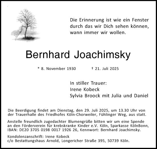 Anzeige von Bernhard Joachimsky von Kölner Stadt-Anzeiger / Kölnische Rundschau / Express