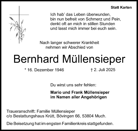 Anzeige von Bernhard Müllensieper von Kölner Stadt-Anzeiger / Kölnische Rundschau / Express