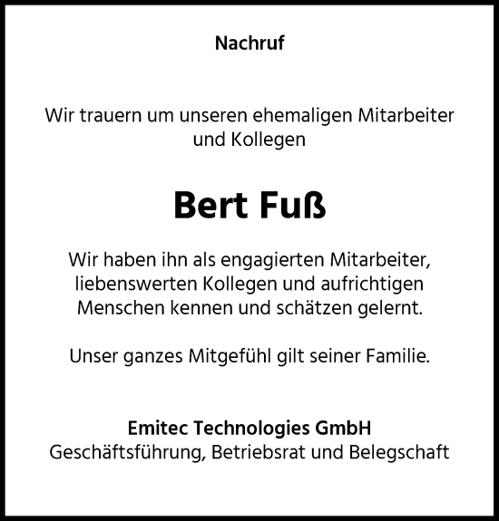 Anzeige von Bert Fuß von Kölner Stadt-Anzeiger / Kölnische Rundschau / Express