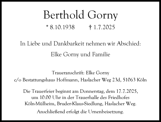 Anzeige von Berthold Gorny von Kölner Stadt-Anzeiger / Kölnische Rundschau / Express